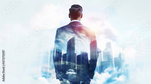 A man is standing in front of a city skyline with a cloudy sky. The man is wearing a suit and tie. Concept of professionalism and sophistication