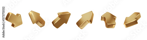 Gold vector realistic arrows. Shiny 3d click cursor icon isolated. Metal luxury arrows pointing different directions. PNG
