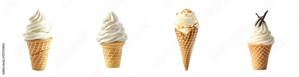Delicious Vanilla Ice Cream Cones Collection Soft Serve and Scooped Ice Cream in Waffle Cones Delicious Vanilla Ice Cream Cones Collection Soft Serve and Scooped Ice Cream in Waffle Cones