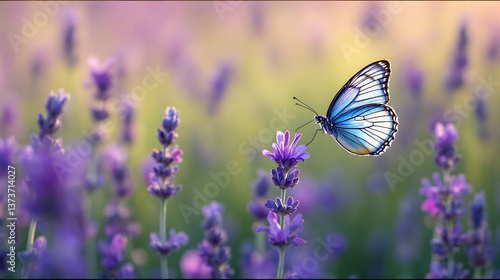 Fluttering butterfly resting on a purple flower in a meadow