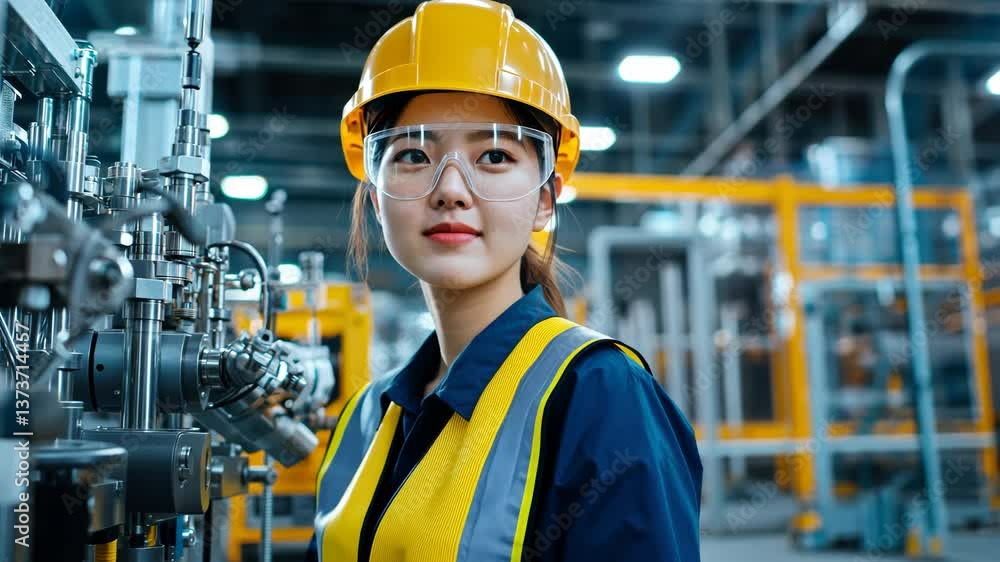 custom made wallpaper toronto digitalConfident Female Engineer in Yellow Hard Hat and Safety Glasses in Well Lit Industrial Setting with Machinery and Equipment, Showcasing Expertise and Organization