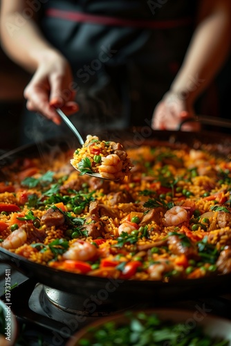 Wallpaper Mural A vibrant dish of paella being served, featuring rice, shrimp, and colorful vegetables in a warm, inviting atmosphere. Torontodigital.ca