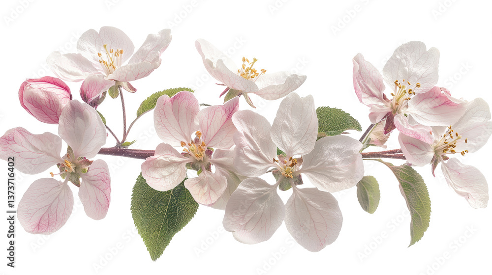 Fototapeta premium Blossom flower concept. A close up image showcasing a beautiful arrangement of delicate pink and white spring flowers blooming on a branch with green leaves