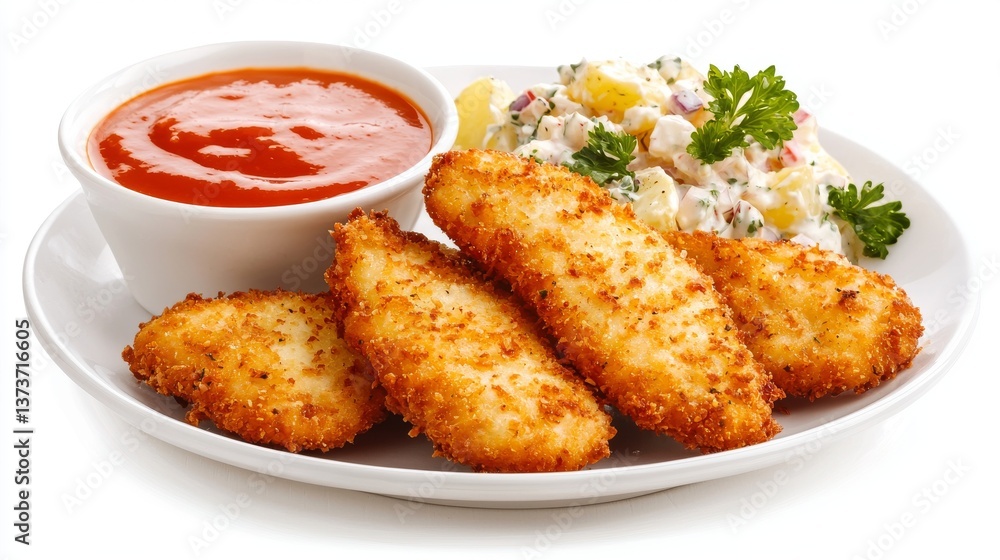 Delicious Breaded Fish Fingers Served with Creamy Potato Salad and Tomato Sauce Delicious Breaded Fish Fingers Served with Creamy Potato Salad and Tomato Sauce