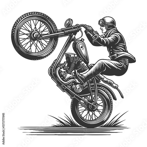 motorcyclist doing wheelie vector illustration
