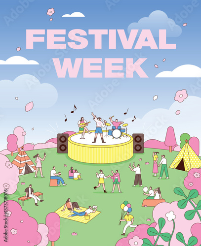 Cherry blossom season festival illustration with people enjoying picnic and live concert in a pink spring landscape.
