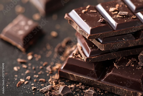 Dark chocolate pieces piled on a dark surface with cocoa shavings scattered around, perfect for dessert lovers
