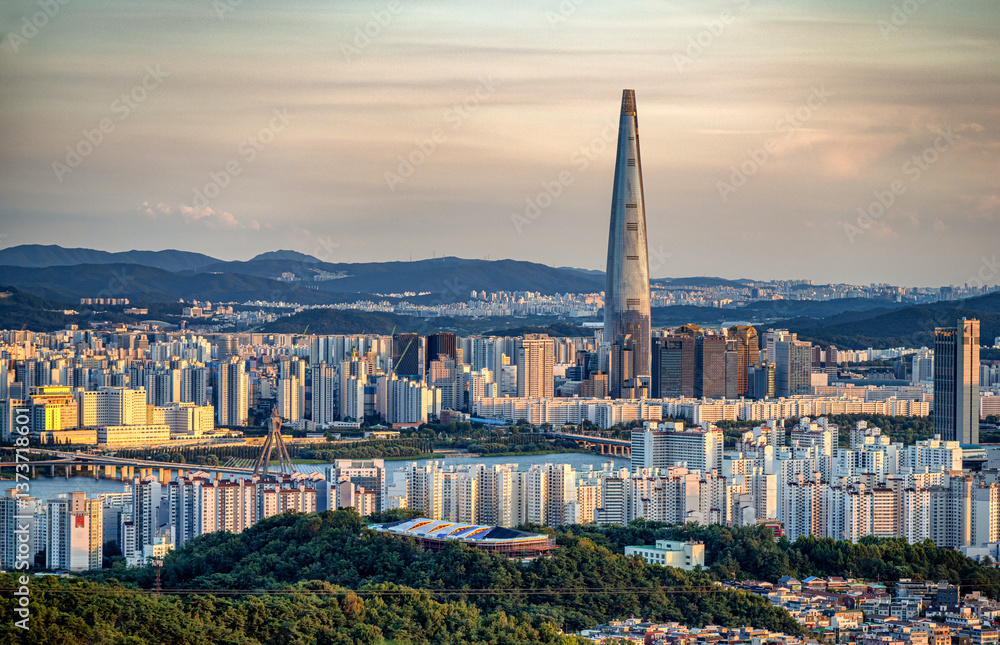 Seoul city skyline at sunset