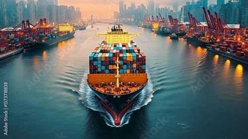 Navigating Trade: A container ship sails gracefully through a bustling harbor, carrying a cargo of global goods, surrounded by infrastructure