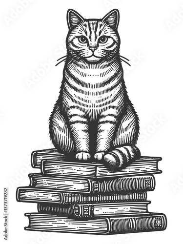 cat sitting on books vector illustration