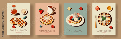 Vector illustrations of delicious waffles with syrup, strawberries, blueberries, whipped cream, butter in four unique designs, perfect for food, breakfast, and culinary-themed posters and illustration