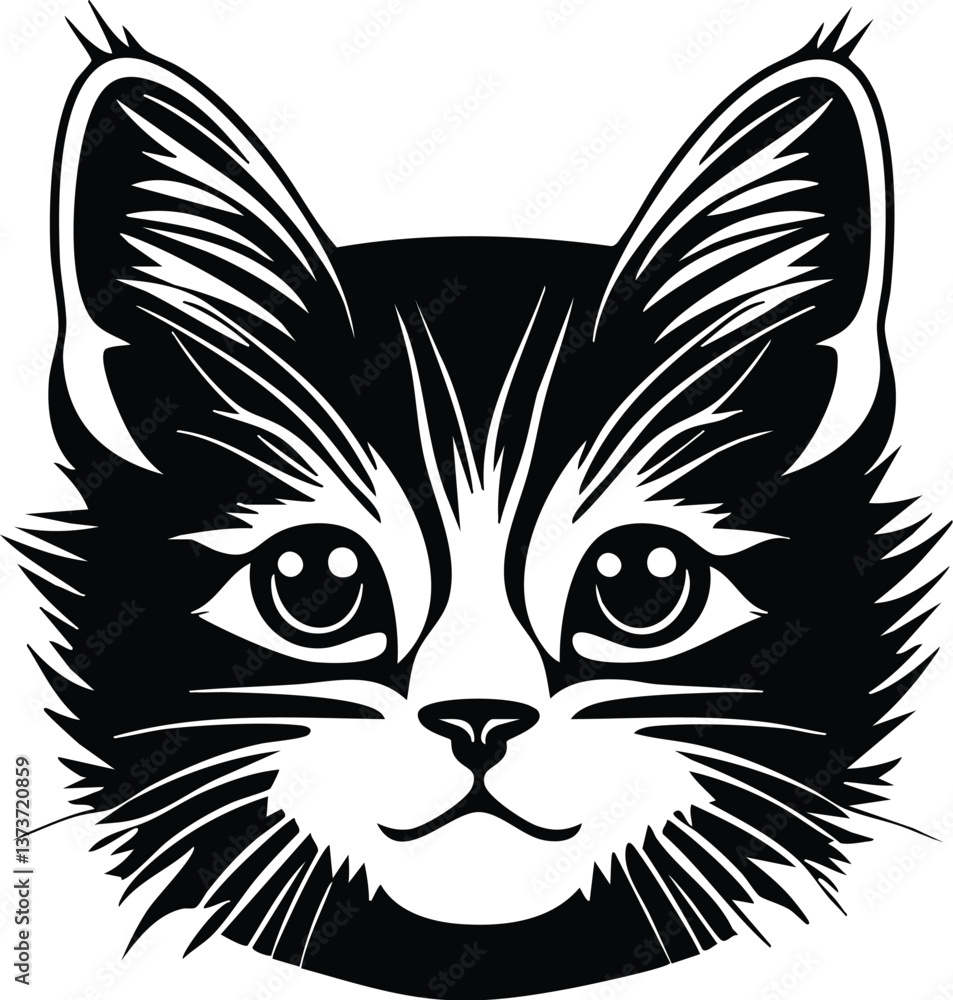 Fototapeta premium Cat face portrait, black outline clipart style illustration, transparent background vector
