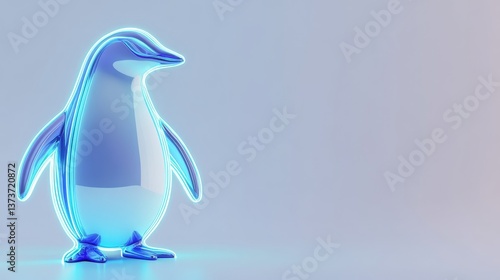 Futuristic neon glass penguin with blue glow on minimalist background
