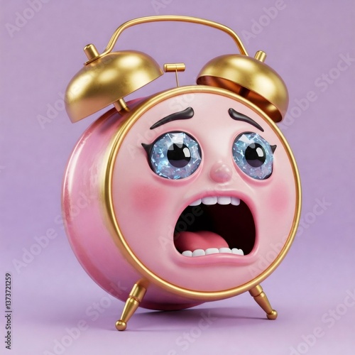 Pink alarm clock screaming with diamond eyes on purple background