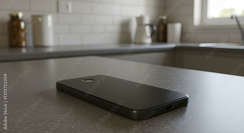 Smartphone on a kitchen counter top, with blank screen Smartphone on a kitchen counter top, with blank screen