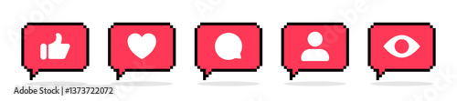 Social Media Icons. Like, comment, share, save. Social Media Pixel buttons. Pixelated buttons