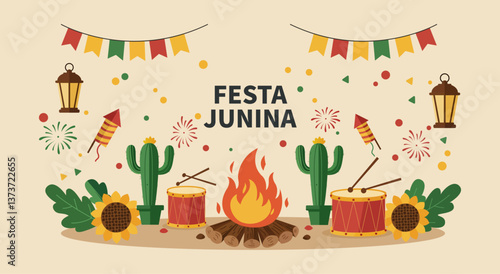 Brazilian Festa Junina Celebration with Traditional Elements and Bonfire