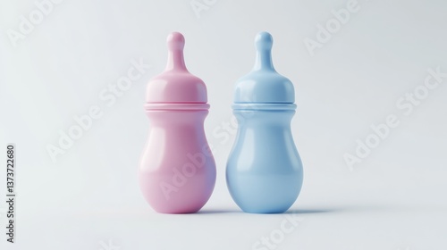 Two baby bottles in pink and blue on white background