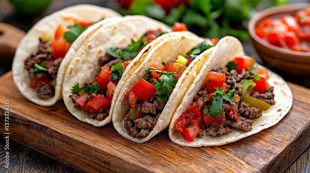 Delicious Ground Beef Tacos with Fresh Salsa on Wooden Board Delicious Ground Beef Tacos with Fresh Salsa on Wooden Board