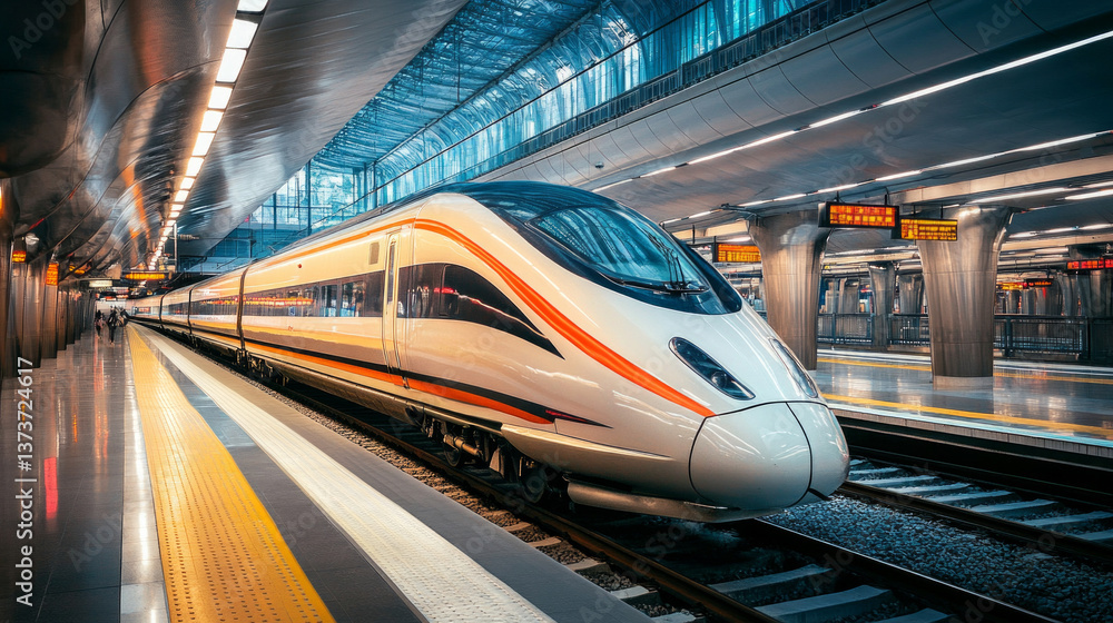 A sleek high-speed train glides into a contemporary elevated station. The bright interior features glass roof panels, and commuters await departure in a vibrant city atmosphere. A sleek high-speed train glides into a contemporary elevated station. The bright interior features glass roof panels, and commuters await departure in a vibrant city atmosphere.