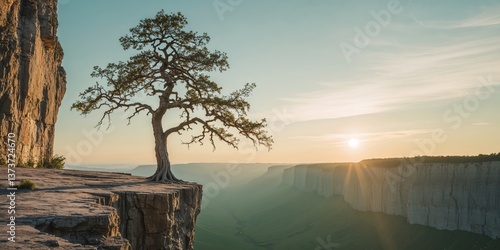 Lonely tree standing on a cliff at sunrise overlooking green valley.