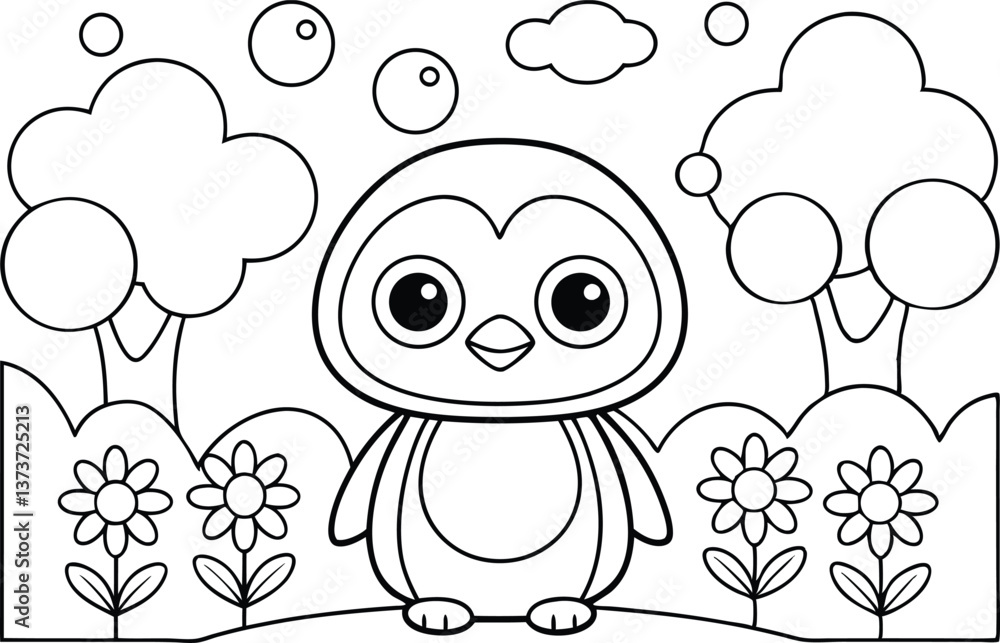 Charming Line Art Penguin Amidst Trees, Flowers, Clouds, and Bubbles Charming Line Art Penguin Amidst Trees, Flowers, Clouds, and Bubbles