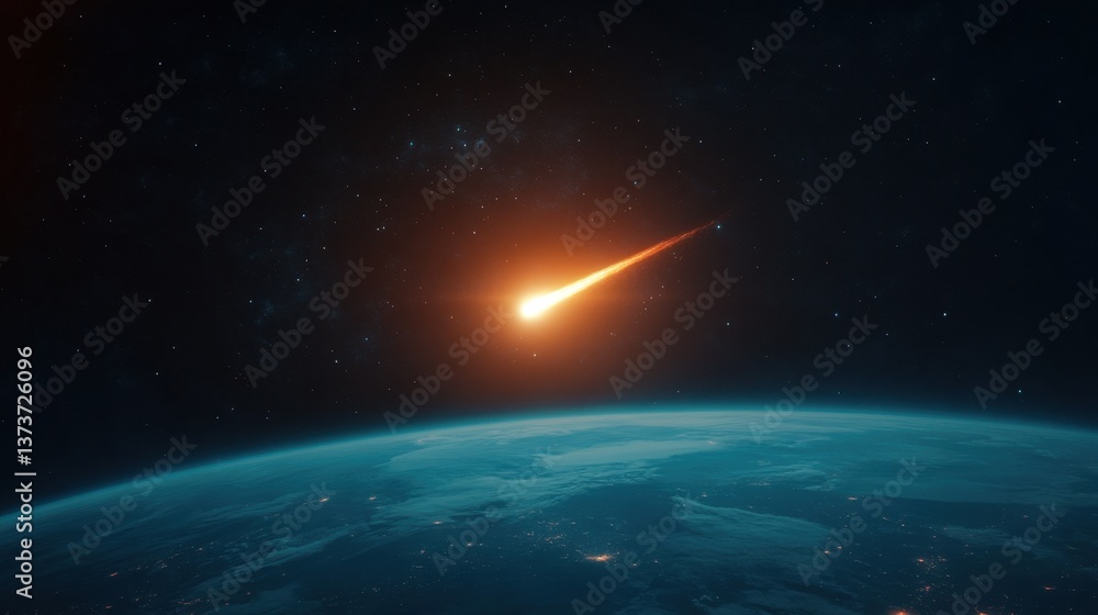 Fototapeta premium Bright Meteor Shower Over Earth with Glowing Tail in Deep Space Captured Against Starry Background and Atmospheric Beauty