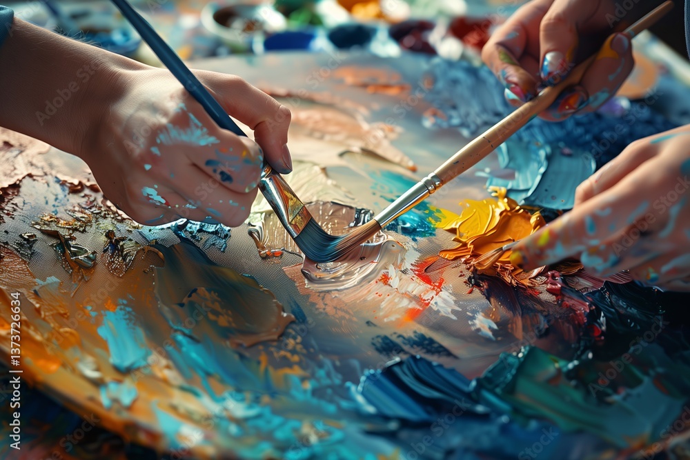 Obraz premium Hands mixing vibrant paint colors on a palette during an artistic creativity session.