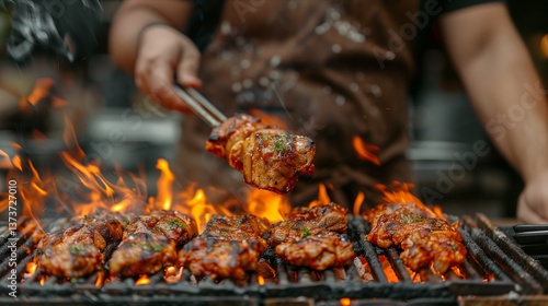 Juicy grilled chicken thighs sizzling on a barbecue with flames, perfect for summer cookouts and gatherings.