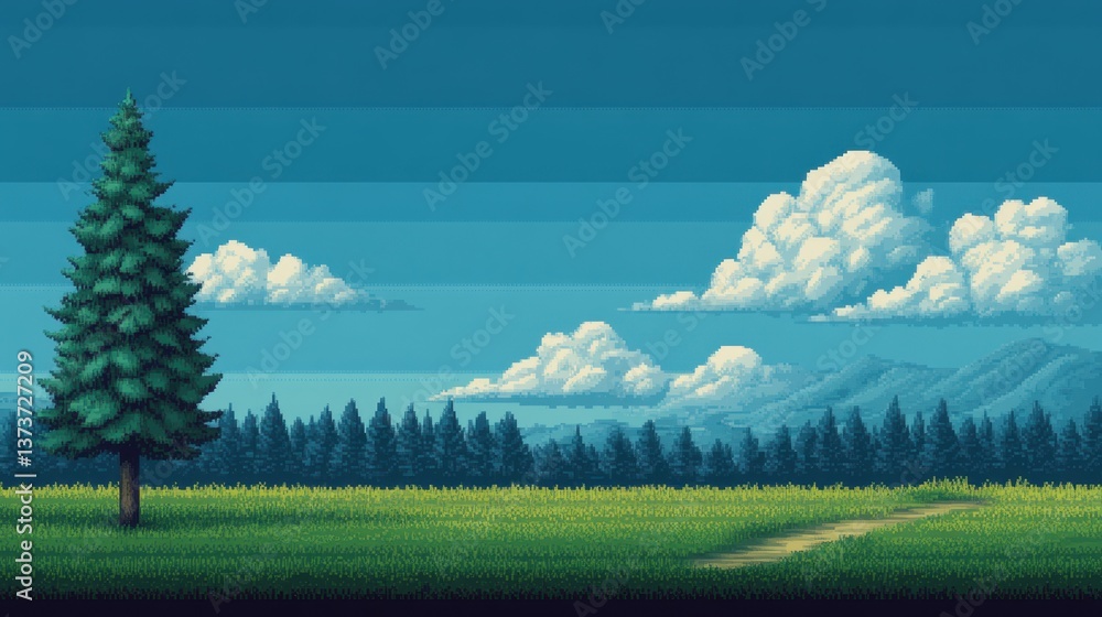 Fototapeta premium Serene Nature Landscape with Tall Pine Tree, Billowing Clouds, Blue Sky, Green Meadow, and Peaceful Pathway in a Tranquil Outdoor Scene