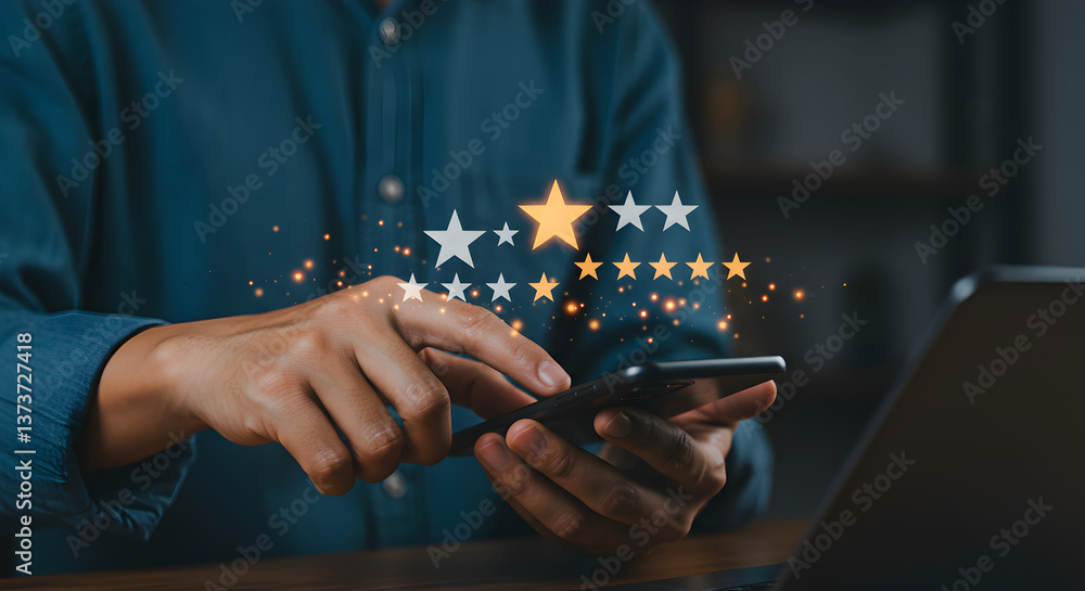 Person using smartphone with star rating overlay and laptop visible on the right side of the image Person using smartphone with star rating overlay and laptop visible on the right side of the image