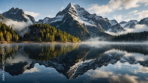 Misty Sunrise Reflection: Scenic Mountain Lake and Tranquil Forest in Idyllic Autumn Morning