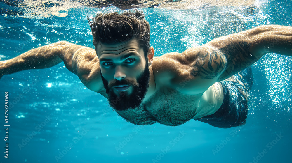 Fototapeta premium A professional male swimmer glides through the water in a swimming pool with strength and precision. The concept of athleticism, endurance, and the dedication of competitive swimming. Generative AI.