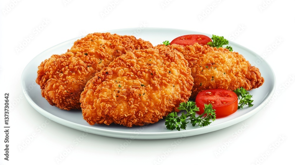 Delicious Crispy Breaded Chicken Patties served with Tomatoes and Parsley Delicious Crispy Breaded Chicken Patties served with Tomatoes and Parsley