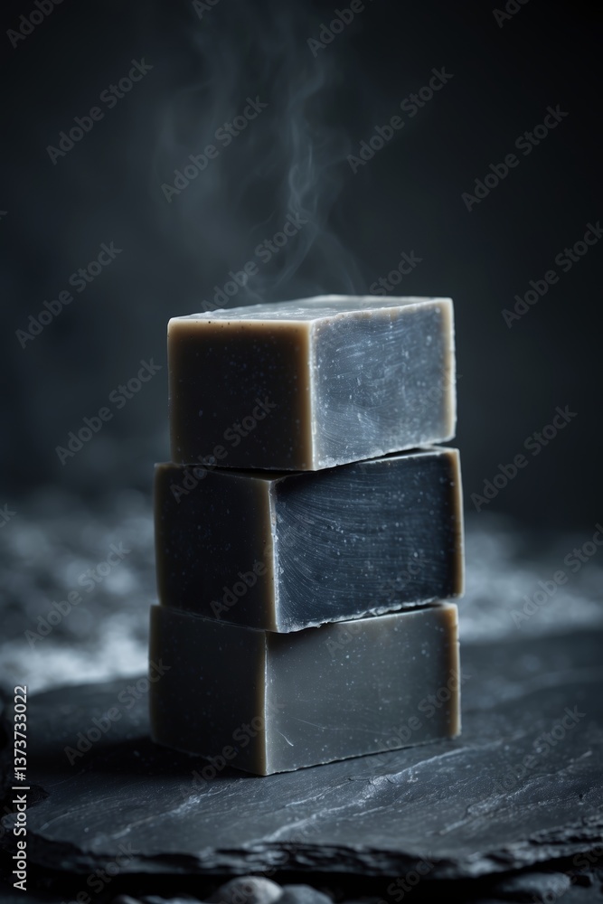 Dark handmade soap stacked on slate surface with steam rising in dim light Dark handmade soap stacked on slate surface with steam rising in dim light