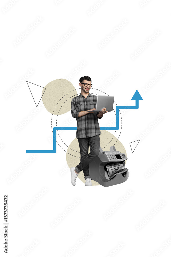 Φωτογραφία Vertical collage of funny businessman holding laptop graphic increasing finance