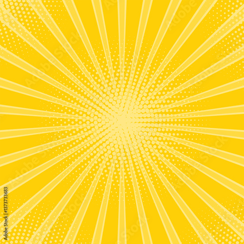 Vector yellow abstract ray background. Light of sunburst. Yellow starburst with halftone. Sun gold sky ray texture. Flash star burst.