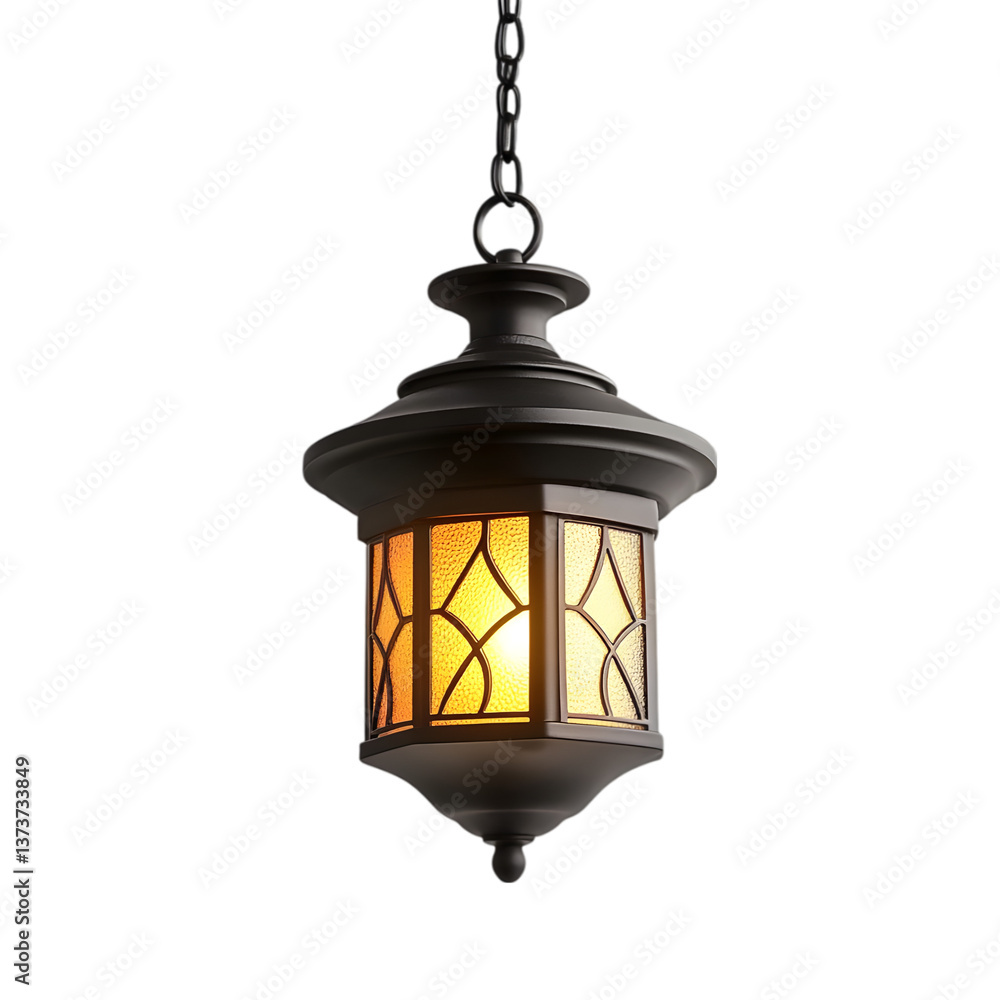 A close up of a hanging lantern with a dark metal frame and amber colored textured glass panels design A close up of a hanging lantern with a dark metal frame and amber colored textured glass panels design
