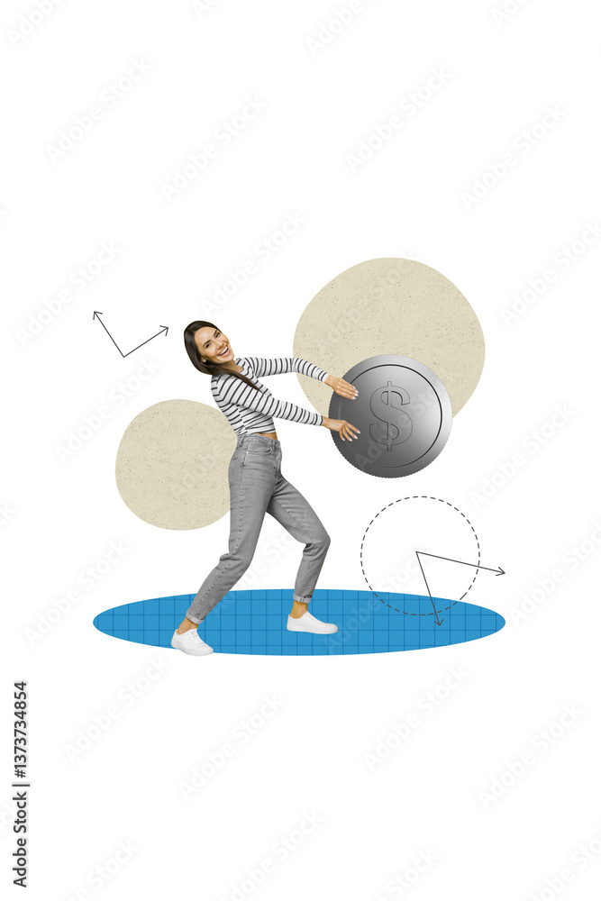 Φωτογραφία Vertical photo collage picture of young business lady bring her money spend sala