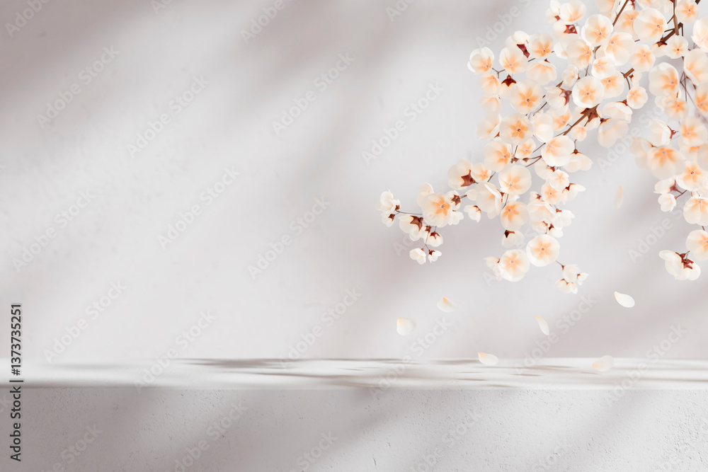 Fototapeta premium Easter background with apple blossom branch and white table. Spring flower backdrop for beauty, cosmetic and luxury brand display mockup. Natural minimal aesthetic template.