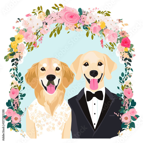 Pet wedding arch with golden retrievers in wedding outfits and florals

