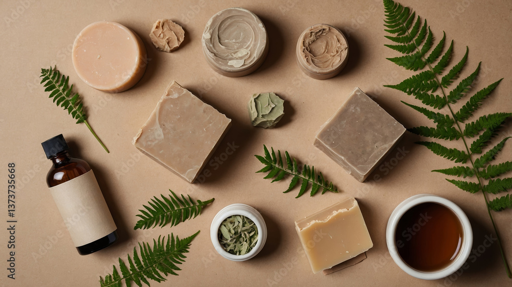 Obraz premium Handmade natural soaps and essential oils arranged with ferns