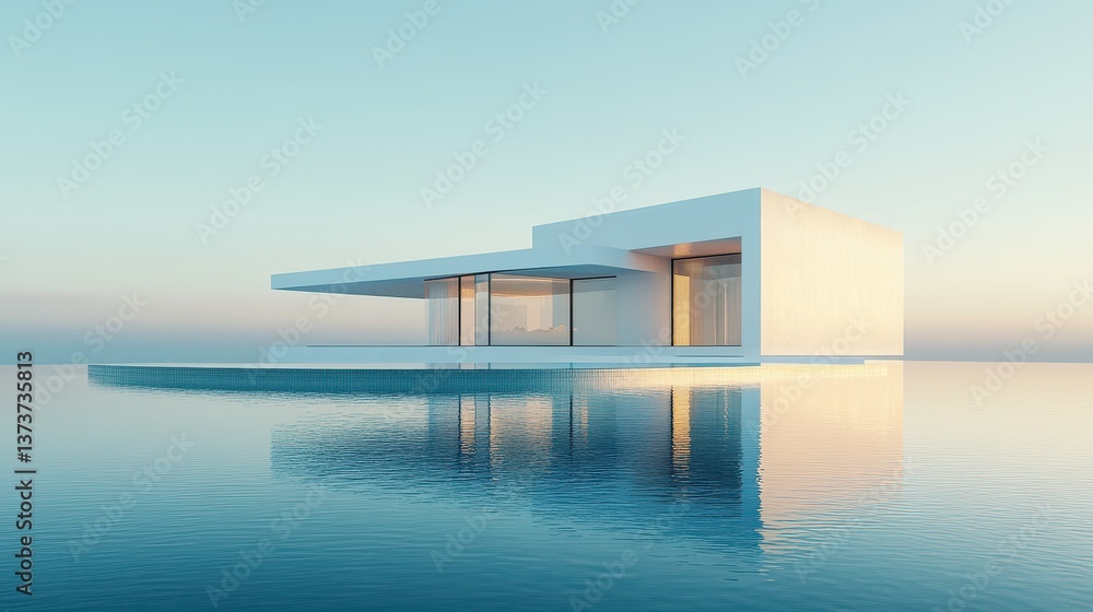 Modern minimalist house with glass walls reflecting on water at sunset Modern minimalist house with glass walls reflecting on water at sunset