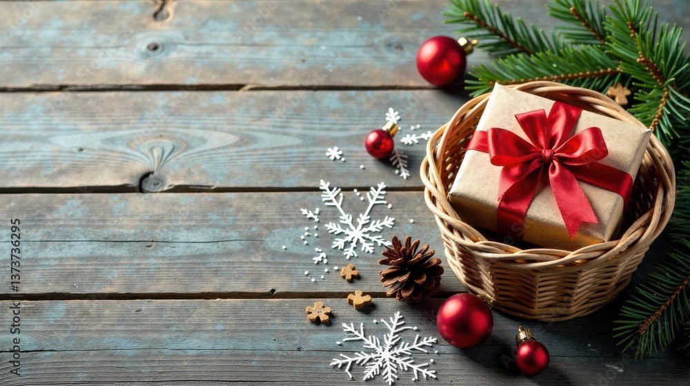 A Rustic Wooden Table Setting Featuring a Gift Basket with a Red Bow, Festive Ornaments, and Winter Accents A Rustic Wooden Table Setting Featuring a Gift Basket with a Red Bow, Festive Ornaments, and Winter Accents