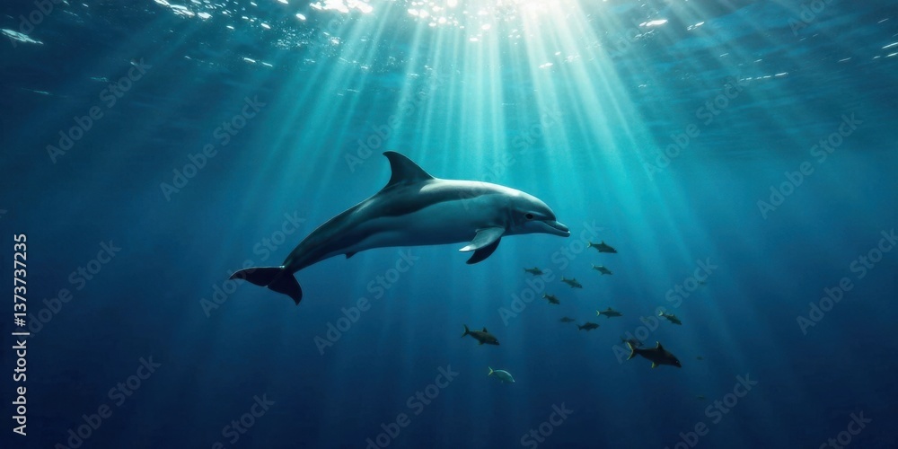 Obraz premium Oceanic Dolphin Gracefully Navigates Sunlit Depths Accompanied by a School of Fish