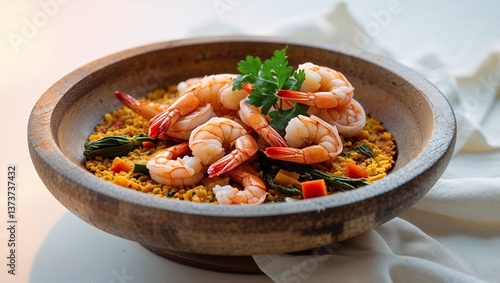 Shrimp And Vegetable Paella In Wooden Bowl.