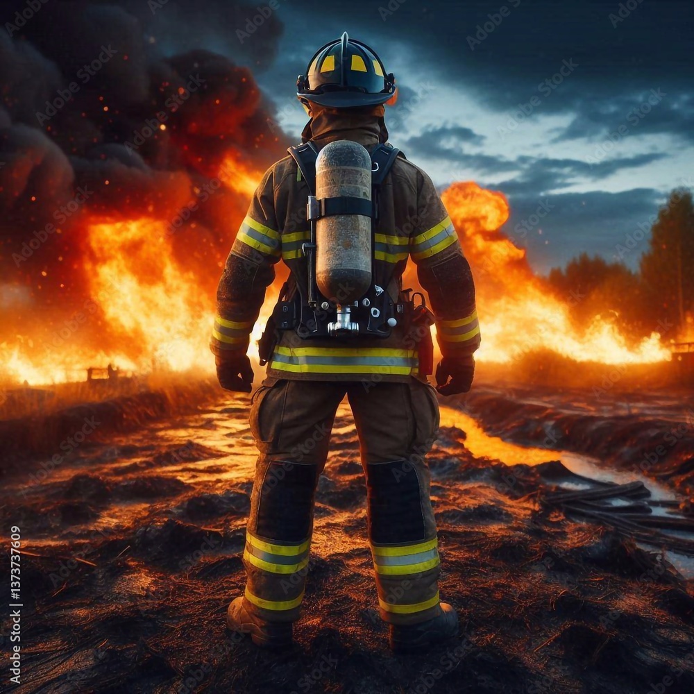 Firefighter in front of fire, view from the back Firefighter in front of fire, view from the back
