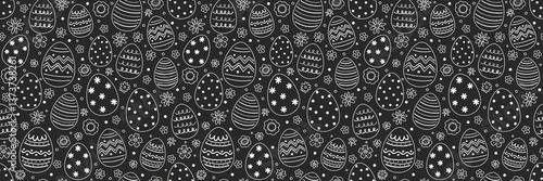Colourful Easter texture in cartoon style. Hand drawn eggs and flowers. Doodle.  Vector illustration
