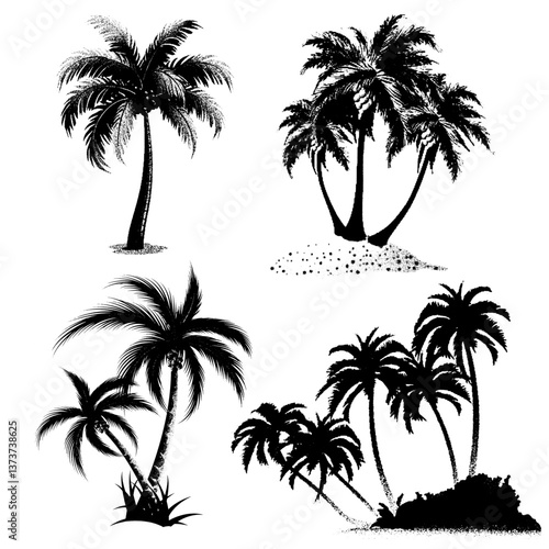 Graphic image of a palm tree in black and white. A set of isolated black vector silhouettes of various palm tree designs on a white background