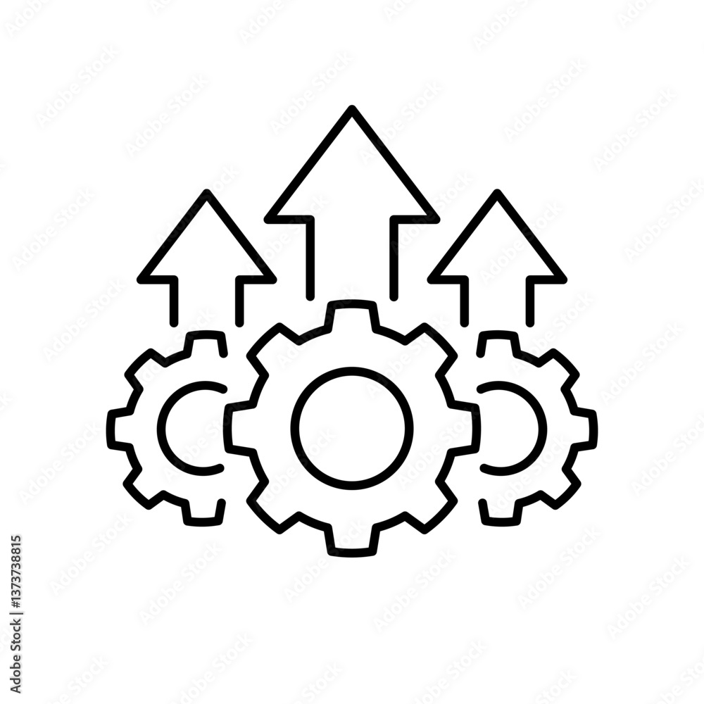 Gear arrows up black line icon. Operational excellence. System upgrade icon, gear with arrow, update process, install software. Vector Illustration. Gear arrows up black line icon. Operational excellence. System upgrade icon, gear with arrow, update process, install software. Vector Illustration.